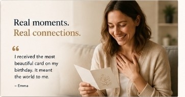 A woman smiling as she reads a Life Cards birthday card